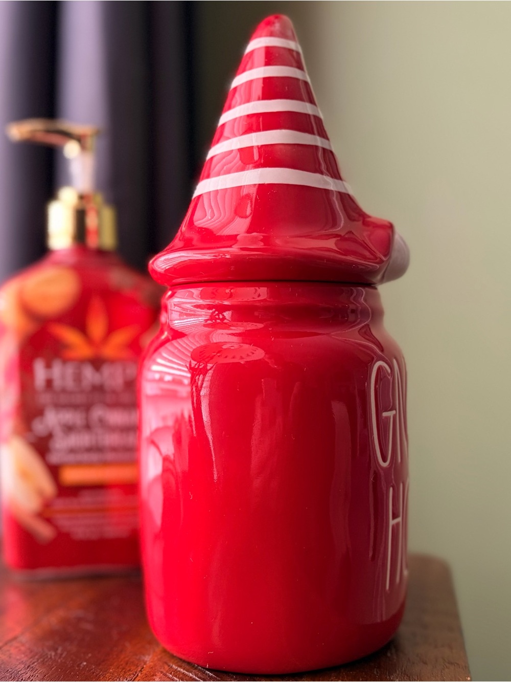 Rae Dunn Crimson Red 'Gnome Home' Ceramic Holiday Food Storage Jar with Lid - Picture 5 of 8